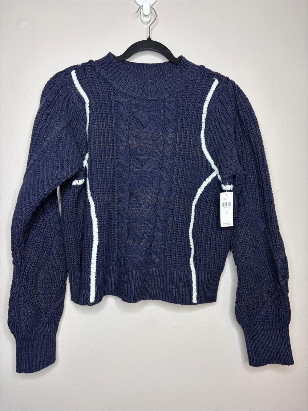 NWT Anthropologie Navy Cable Knit Whipstitch Cropped Sweater Large L